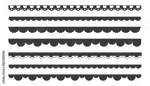 Scalloped edge lace border, textile frill stripe. scalloped border, frame, pattern isolated. Zigzag edge border, cutout decoration line frame collection