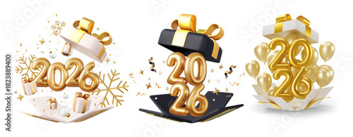 Vector illustration of Golden 2026 Celebration Gift Box Explosion”