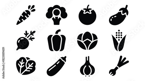 Set of vegetable icons simple glyph vector design representing healthy eating and fresh produce isolated on white background