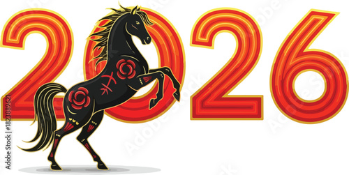 Chinese new year The image presents 2026 with a black horse in lieu of the first zero