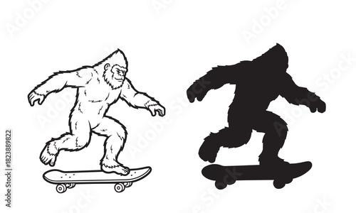 Bigfoot skater silhouette and line art with adobe illustrator icon