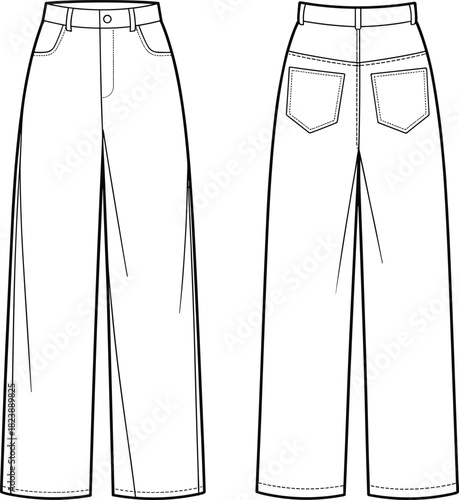 Wide leg jeans technical drawing, fashion flat sketch, vector illustration, high waist denim pants, apparel design template, front and back view.