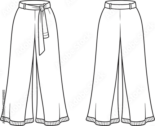 Wide leg trousers technical drawing, fashion flat sketch, vector illustration, high waist pants with tie belt, apparel design template, front view.