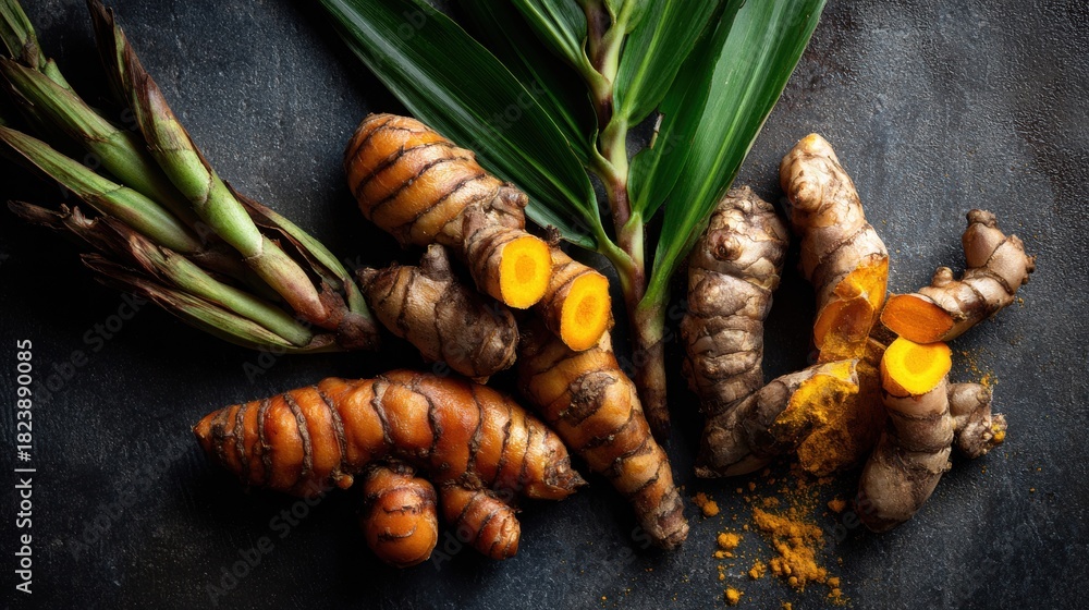 Fototapeta premium Fresh turmeric roots and green leaves on a dark background