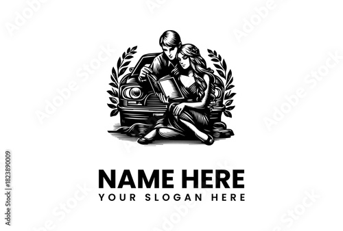 A romantic couple sitting by a classic car on a journey, a vintage hand-drawn vector logo illustration