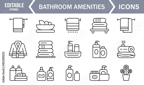 Bathroom Hygiene Icon Set Featuring Toiletry Bottles, Towels, Spa Accessories, Clean Items, and Minimal Graphics