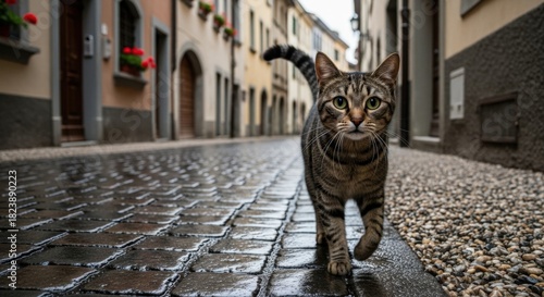 Probing cat strolling on textured cobble lane gazing at viewer, evoking alluring instance of linkage