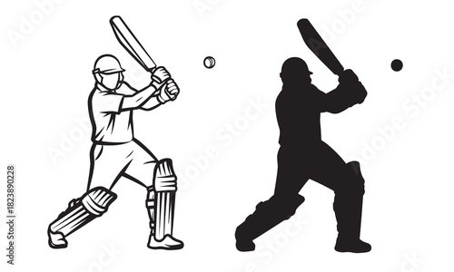 Silhouette and line drawing of a cricketer batting in action with a ball in flight representing sports and design elements