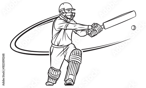 Dynamic sketch of a cricketer batting with a swirling motion effect and an adobe illustrator icon