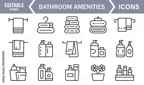 Clean Line Art Icons of Home and Hotel Bathroom Supplies Such as Towels, Dispensers, Bathrobes, and Basins