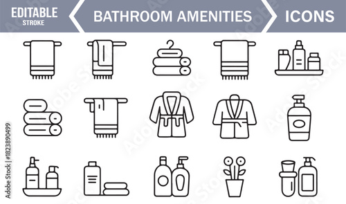 Outline Icon Pack for Bathroom and Spa Amenities Including Towels, Toiletries, Soap Containers, and Grooming Items