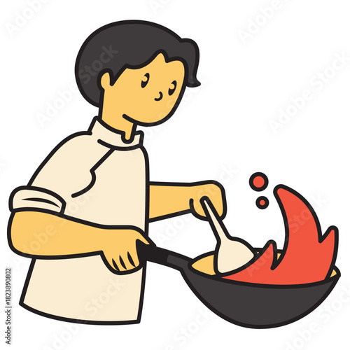 chef cooking with wok illustration