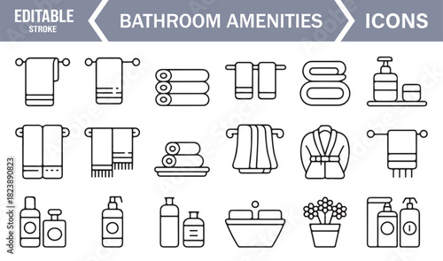 Linear Bathroom Amenities Icons Including Bathrobes, Soap Bottles, Rolled Towels, Dispensers, and Sink Elements