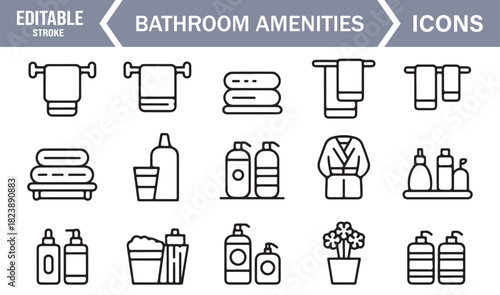 Bathroom Essentials Icon Set Featuring Towels, Toiletry Bottles, Hygiene Products, and Minimal Washroom Items