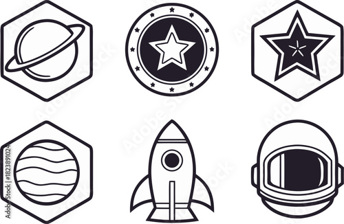 Space Badges Patches Emblems Set. Cosmic Emblem Badge Design Collection. Galactic Patch and Badge Design Pack. Astronomy Badge Emblem Label Set. Space Exploration Badge Design Kit. Universe Theme
