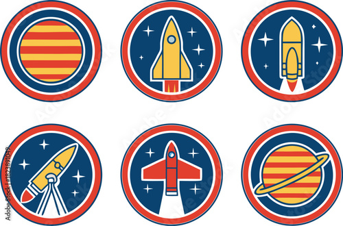 Space Badges Patches Emblems Set. Cosmic Emblem Badge Design Collection. Galactic Patch and Badge Design Pack. Astronomy Badge Emblem Label Set. Space Exploration Badge Design Kit. Universe Theme
