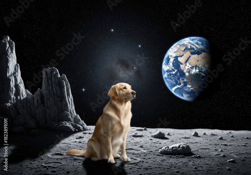 Contemplative dog on cratered lunar terrain gazing at Earth, representing cosmic immensity and isolation