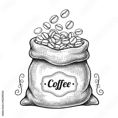 Artistic vintage sketch illustration featuring a rustic burlap sack overflowing with aromatic coffee beans, capturing the dynamic moment of beans falling, evoking traditional coffee culture