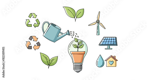 Creative illustration of essential eco-friendly and sustainable energy icons, promoting environmental protection, conservation, and a greener future