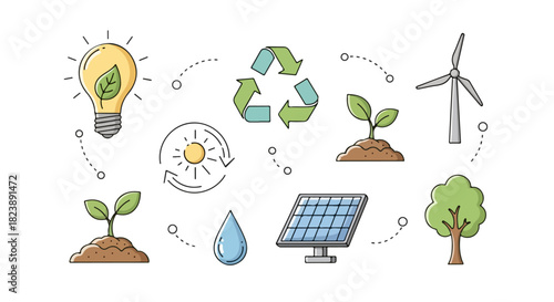 Illustration of renewable energy sources and ecological conservation with icons representing sustainability and environmental protection