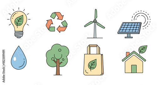 A vibrant set of eco-friendly line art icons illustrating sustainable energy, environmental conservation, recycling, and green living concepts for a healthier world