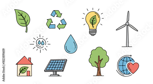 Eco-Friendly Icons Renewable Energy, Sustainability & Green Living Vector Set