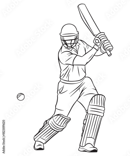 Dynamic line art illustration of a cricketer in action ready to strike the ball with a powerful swing