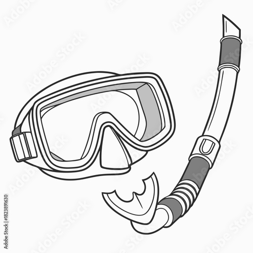 Black and white illustration of a diving mask and snorkel scuba diving snorkeling