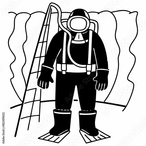 Black and white illustration of a diver in full gear with a ladder and wavy background Keywords: diver, scuba diving, underwater, ocean, sea, equipment, gear, full suit, helmet, mask, snorkel