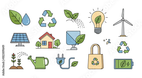 Comprehensive set of eco-friendly line icons illustrating sustainable energy, environmental protection, and green living concepts for a healthier planet's future