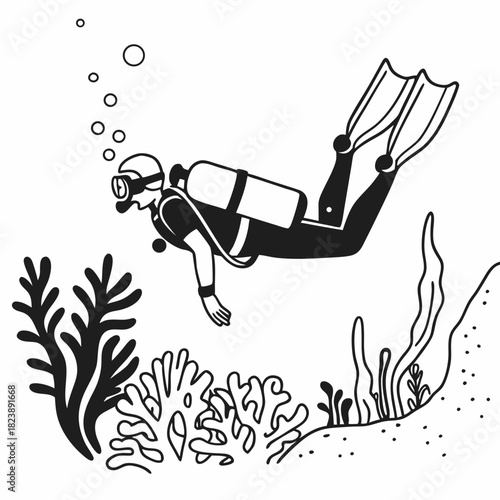Black and white illustration of a scuba diver swimming near coral underwater ocean