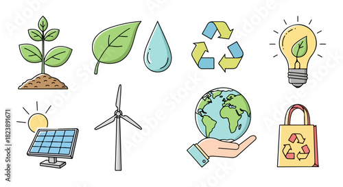 Collection of Environmental Icons Explore sustainability and eco-friendly concepts, highlighting renewable resources and nature