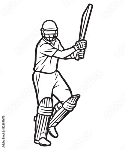 Dynamic illustration of a cricket batsman in mid swing ready to hit the ball with intensity and focus showcasing athletic action