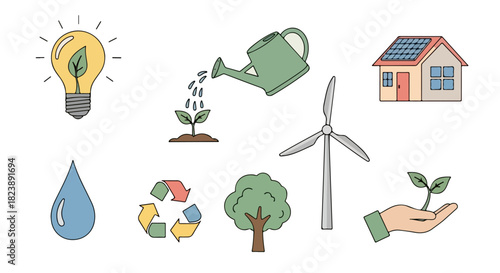 Comprehensive set of line art icons illustrating sustainable living, renewable energy sources, environmental protection, and eco-friendly solutions for a greener planet