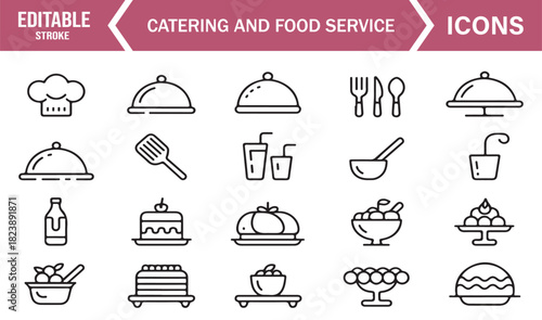 Monoline Icons for Food Service, Kitchenware, Beverage Items, and Restaurant Serving Equipment