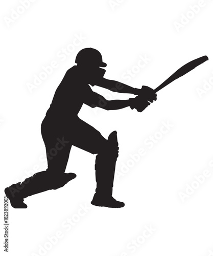 Silhouette of a cricket batsman in action swinging a bat with protective gear isolated on a white background representing the sport of cricket