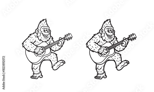 Whimsical cartoon illustration of two bigfoot characters playing guitars showcasing a playful and musical forest creature theme with adobe illustrator branding