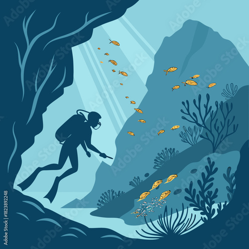Diver swimming in a deep blue underwater canyon with schools of yellow fish and sunbeams scuba diver