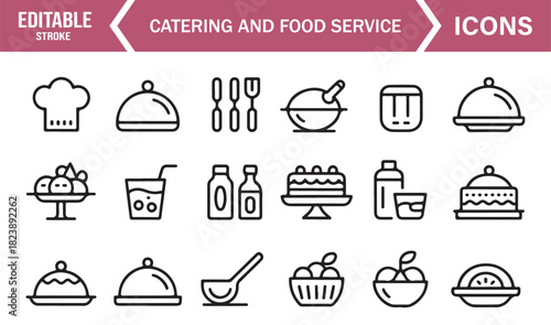 Clean Line Art Icons for Culinary Service, Catering Tools, Drink Glasses, Serving Platters, and Food Preparation