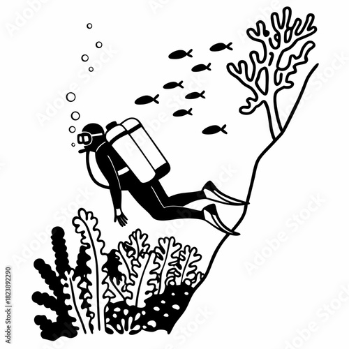 Diver swimming near a coral reef with a school of fish Keywords: underwater, ocean, sea, diving, scuba diving, diver, exploration, coral reef, fish, school of fish, marine life, aquatic