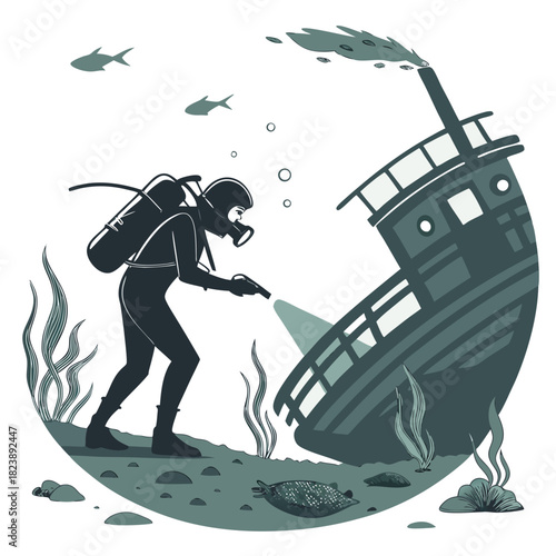 Diver with flashlight exploring sunken shipwreck on ocean floor with fish and seabed rocks Keywords: diver, scuba diving, underwater, ocean, sea, shipwreck, sunken ship, exploration, flashlight