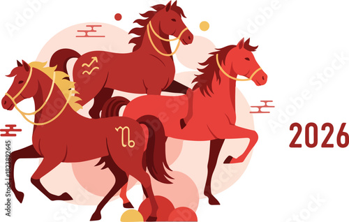 Three red horses with zodiac signs  golden reins stand before 2026