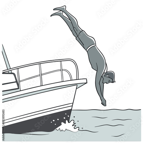 Man in mid-air diving off the side of a boat into the water Keywords: diving, diver, jumping, leaping, boat, yacht, water, sea, ocean, summer, vacation, recreation, sport, activity, action, motion