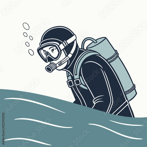 Scuba diver emerging from water with bubbles rising underwater ocean
