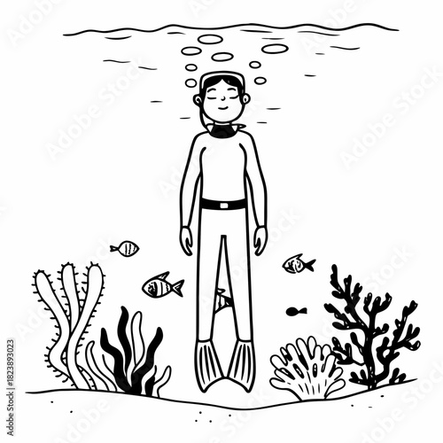 Scuba diver floating underwater with fish and coral reef Keywords: scuba diving, diver, underwater, ocean, sea, swimming, mask, snorkel, fins, wetsuit, bubbles, marine life, fish, coral reef