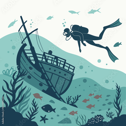 Scuba diver near a sunken shipwreck with marine life and coral underwater ocean