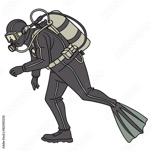 Scuba diver in full gear with tank and mask diving underwater