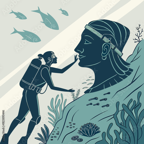 Scuba Diver Reaching Towards a Giant Underwater Sculpture of a Human Face with Marine Life Keywords: scuba diver, diving, underwater, ocean, sea, sculpture, human face, giant, ancient, mythology