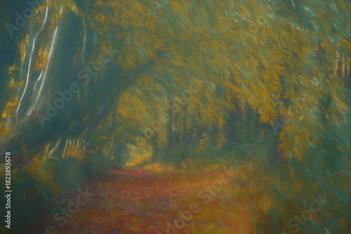 A digital oil painting of a rural British autumn landscape with arching beech trees and a misty woodland path at Upper Moor, Matlock Forest in the Derbyshire Dales, England, UK.