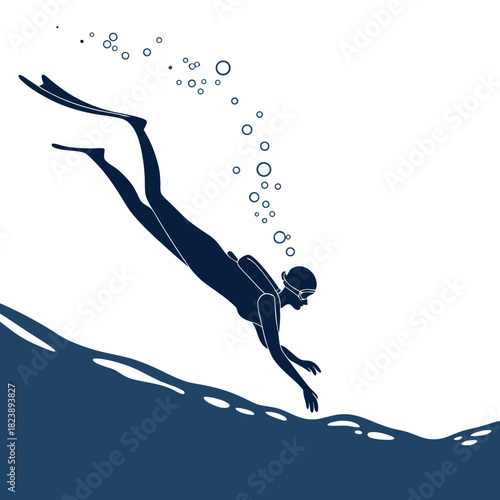 Silhouette of a Freediver Descending into Blue Water with Bubbles Keywords: freediver, silhouette, underwater, descending, water, ocean, sea, diving, swimming, bubbles, fins, mask, goggles, sport